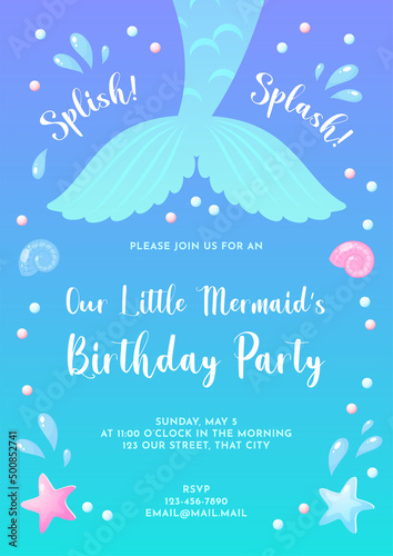 Birthday party invitation template. Cute illustration of mermaid tails, sea shells and star fish. Vector 10 EPS.