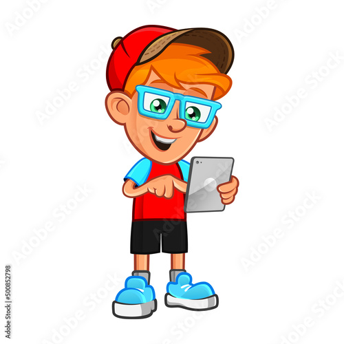 Cool Gamer Mascot Playing With His Gadget vector illustration