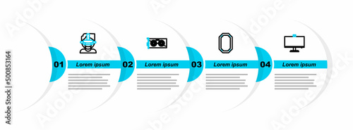 Set line Computer monitor, Poker table, Video graphic card and Virtual reality glasses icon. Vector