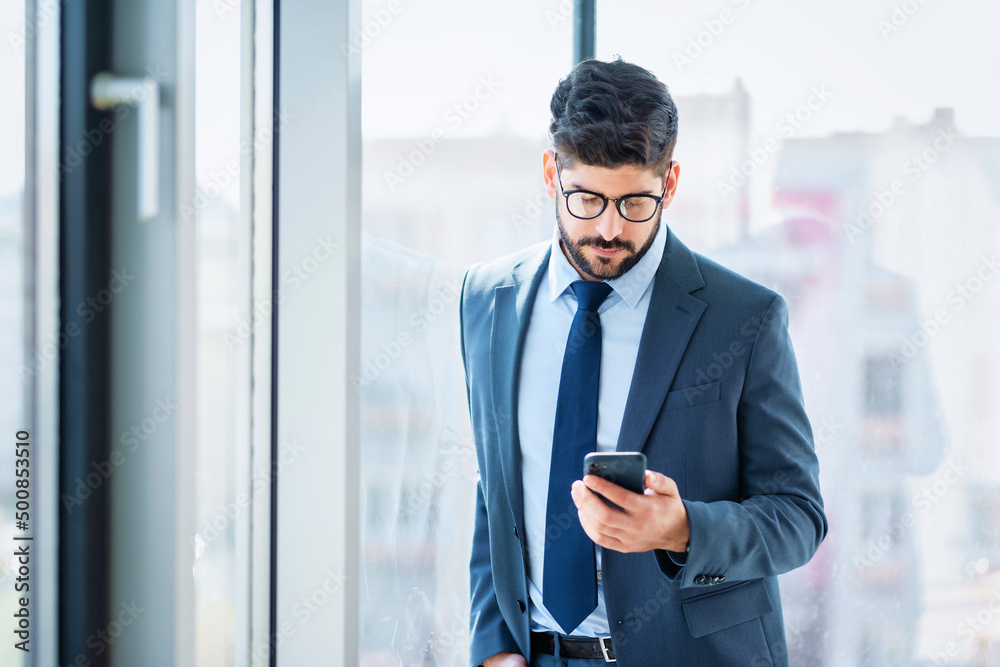 Fototapeta premium Businessman using mobile phone while standing at the office