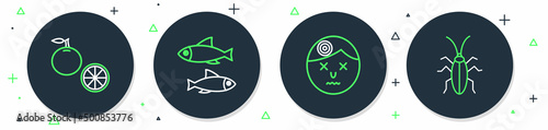Set line Fish, Man having headache, Orange fruit and Cockroach icon. Vector