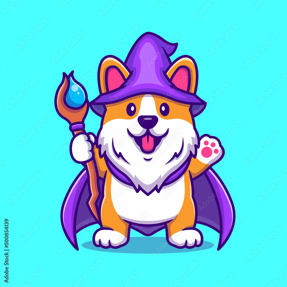 Cute Corgi Dog Wizard With Magic Wand Cartoon Vector Icon Illustration. Animal Holiday Icon Concept Isolated Premium Vector. Flat Cartoon Style