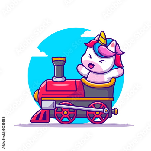 Cute Unicorn Ride On Train Cartoon Vector Icon Illustration. Animal Transportation Icon Concept Isolated Premium Vector. Flat Cartoon Style