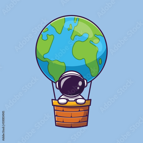 Cute Astronaut In Hot Air Balloon Earth Cartoon Vector Icon Illustration. Science Transportation Icon Concept Isolated Premium Vector. Flat Cartoon Style