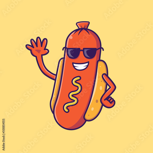 Cool Hotdog Cartoon Vector Icon Illustration. Food Mascot Icon Concept Isolated Premium Vector. Flat Cartoon Style