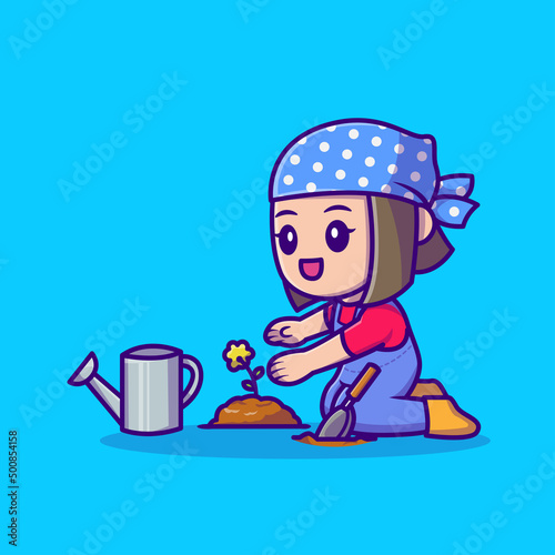 Cute Girl Planting Crops Cartoon Vector Icon Illustration. People Nature Icon Concept Isolated Premium Vector. Flat Cartoon Style
