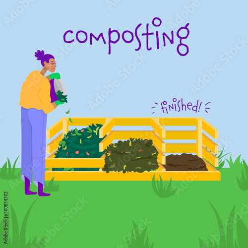 Women composting leaves in the compost bin. The cycle of compost making