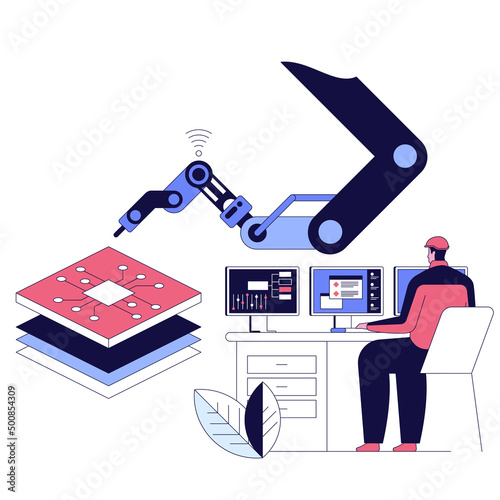 High tech factory engineer use computer for programming microchips and processors Developing modern technology for medical and high precision electronics Industrial concept Vector illustration