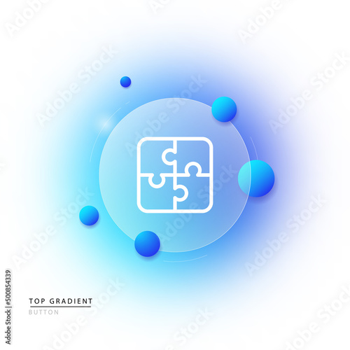 Puzzle icon. Development of thinking. Gradient blur button with glassmorphism. Clear glass design.