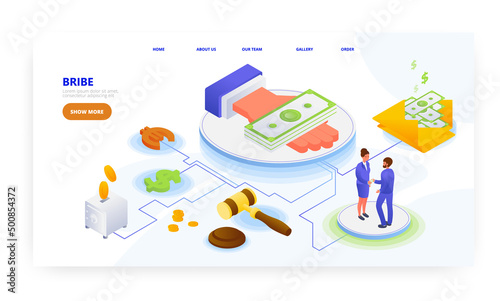 Bribe, landing page design, website banner vector template. Business bribery, corruption, crime.