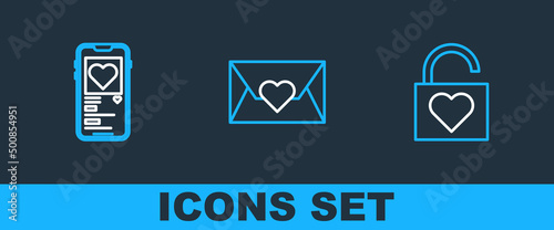Set line Lock and heart, Mobile with and Envelope Valentine icon. Vector
