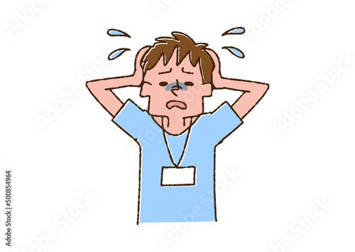 頭を抱えている男性看護師　コミカルな手書きの人物　ベクター、線画にカラー