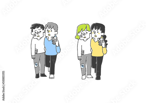 怪我人に肩を貸している人のセット　コミカルな手書きの人物　ベクター、線画にカラー