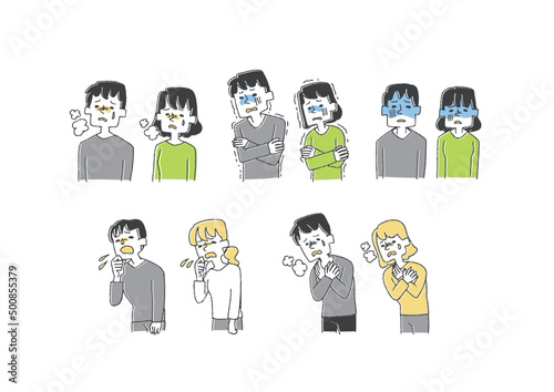 いろいろな体調不良の人物のセット　コミカルな手書きの人物　ベクター、線画にカラー