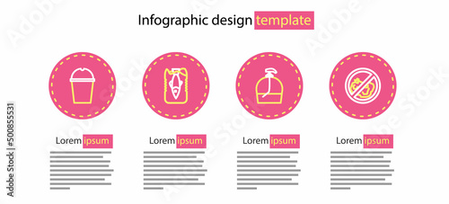 Set line Bottle of liquid soap, No trash, Stop ocean plastic pollution and Paper glass water icon. Vector