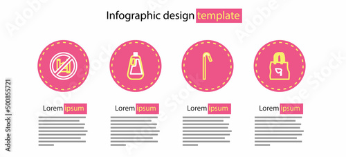 Set line Drinking plastic straw, Shopping bag with recycle, Bottle for dishwashing liquid and Say no to bags poster icon. Vector