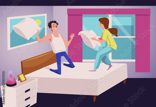 Young happy couple playing with pillows in bedroom, flat vector illustration.