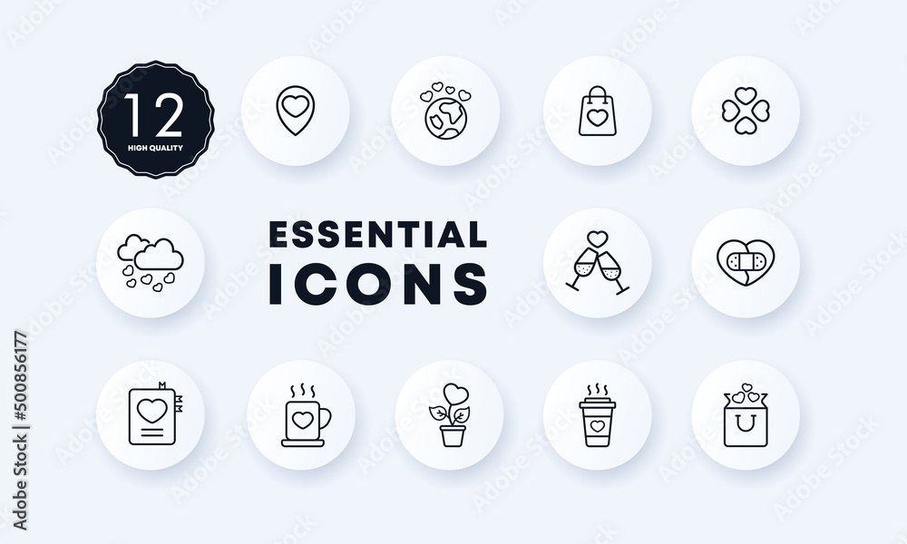 Set of love and dates icons. Coffee, two glasses, notebook, planet, clover, glued heart. Neomorphism style. Set of love and dates icons. Coffee, two glasses, notebook, planet, clover, glued heart. Neomorphism style.