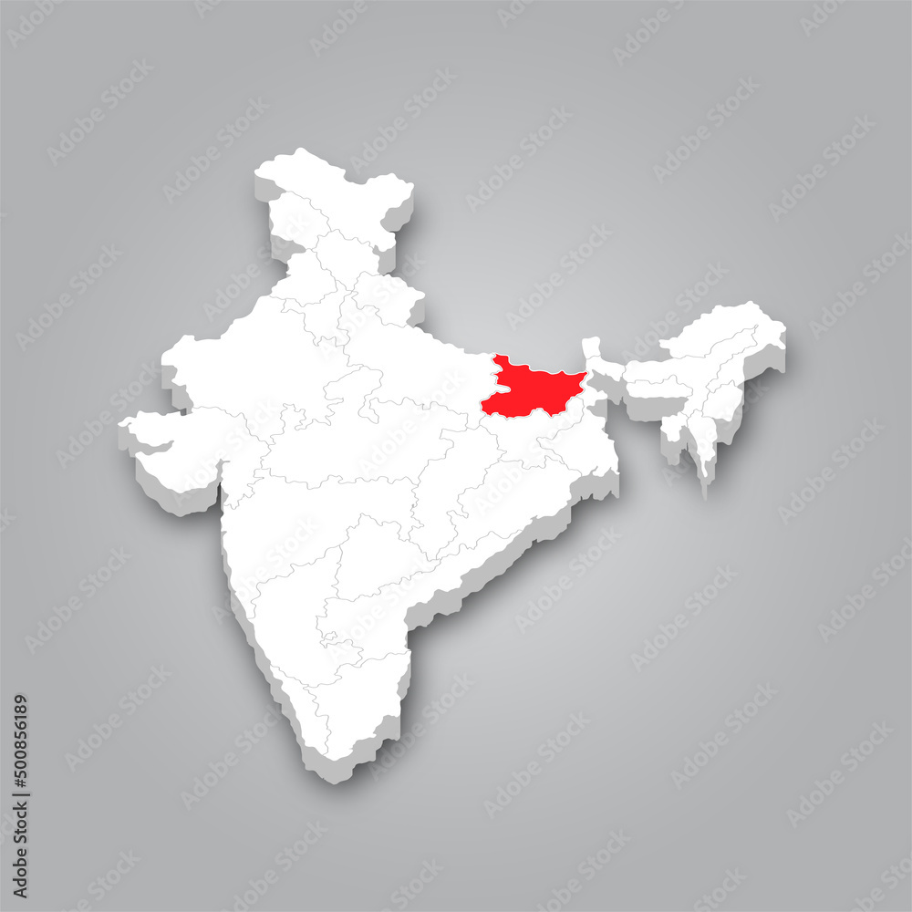 Political Map of India 3D Map of India and Map of Bihar are Marked in Red.