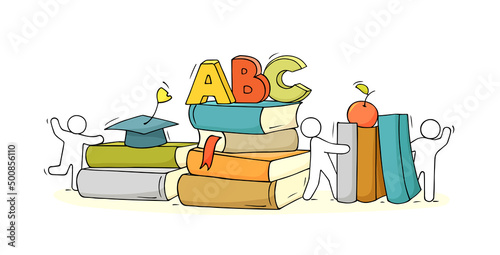 Sketch of books with studing little man