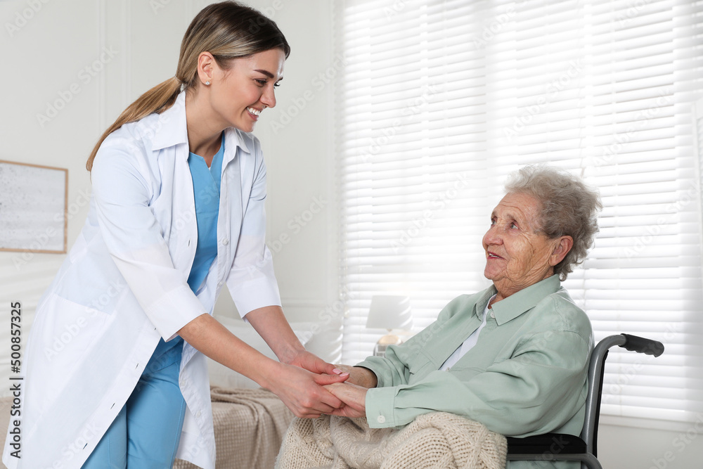 Obraz premium Young caregiver assisting senior woman in wheelchair indoors. Home health care service
