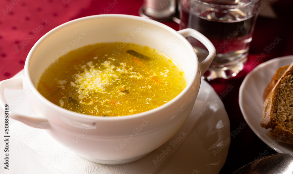 Soviet soup with pickles and barley. Leningrad rassolnik Soviet soup with pickles and barley. Leningrad rassolnik