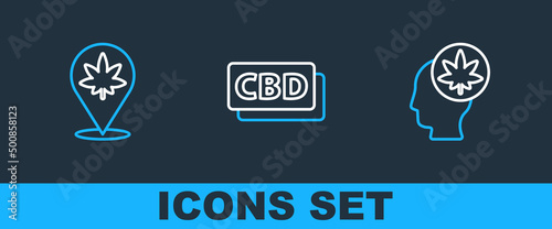 Set line Head with marijuana or cannabis, Location and and Cannabis molecule icon. Vector