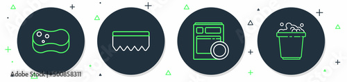 Set line Sponge with bubbles, Kitchen dishwasher machine, and Bucket soap suds icon. Vector