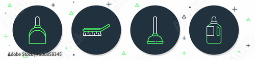 Set line Brush for cleaning, Rubber plunger, Dustpan and Fabric softener icon. Vector