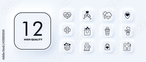 Set of love and dates icons. Coffee, two glasses, notebook, planet, clover, glued heart. Neomorphism style.