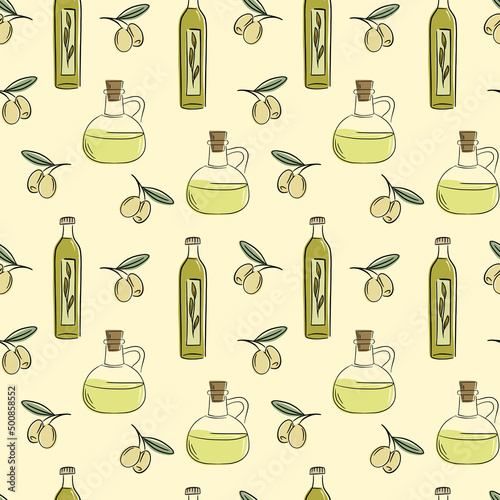 Colored seamless pattern with black and green olives, hand drawn.