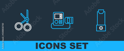 Set line Inhaler, Medical scissors and Blood pressure icon. Vector