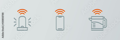 Set line Smart electric kettle, flasher siren and Wireless smartphone icon. Vector