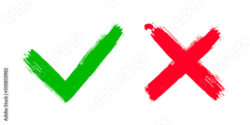 Two dirty grunge hand drawn with brush strokes cross x and tick OK check marks vector illustration isolated on white background. Check mark symbol NO and YES buttons for vote box, web, etc.