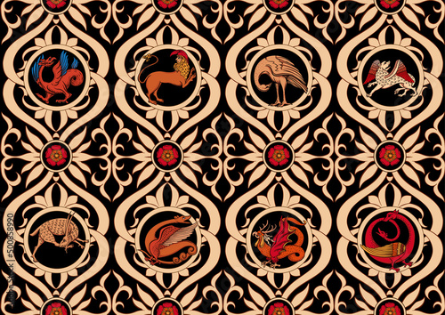 Medieval mythical animals, illuminati manuscript inspiration, romanesque style. Seamless pattern, background. Vector illustration.