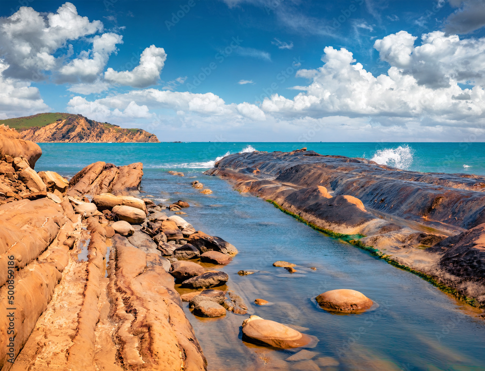 Rocky coast of Dalan and Voge hiking area. Amazing summer seascape of Adriatic sea. Nice morning scene of Albania, Europe. Beauty of nature concept background.