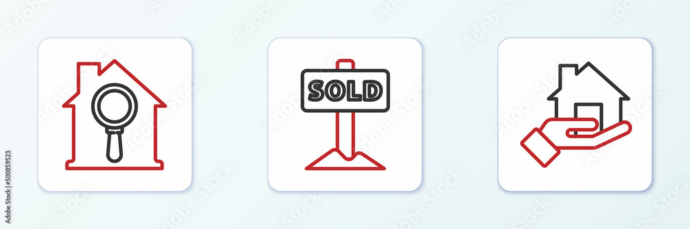 Set line Realtor, Search house and Hanging sign with text Sold icon. Vector Set line Realtor, Search house and Hanging sign with text Sold icon. Vector