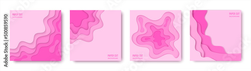 Set of paper cut background in sweet pink color. Square artboard Abstract paper art shape. Vector design Wavy geometric liquid flow graphic.
