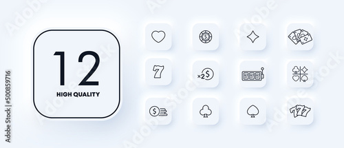 Casino icons set. Poker cards. Rates. Card suits. Slot machines. Earnings. Playing chips. Neomorphism style.