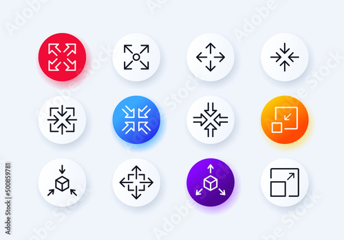 Zoom icons set. Enlargement and reduction. Changing an object. 3D modeling. Neomorphism style. vector eps 10.