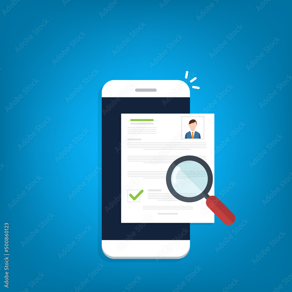 Online resume analysis, use phone and magnifying glass to view recruitment resume, concept of recruitment and human resources Online resume analysis, use phone and magnifying glass to view recruitment resume, concept of recruitment and human resources