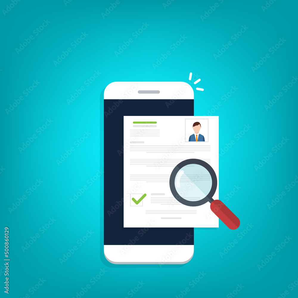 Online resume analysis, use phone and magnifying glass to view recruitment resume, concept of recruitment and human resources Online resume analysis, use phone and magnifying glass to view recruitment resume, concept of recruitment and human resources