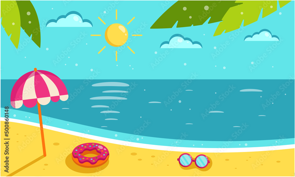 Summer background. Vector flat summer illustration of sea, sun, beach. Cartoon summer landscape with sea and beach. Summer bright banner. Copy space