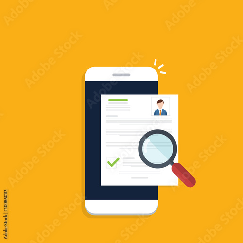 Online resume analysis, use phone and magnifying glass to view recruitment resume, concept of recruitment and human resources