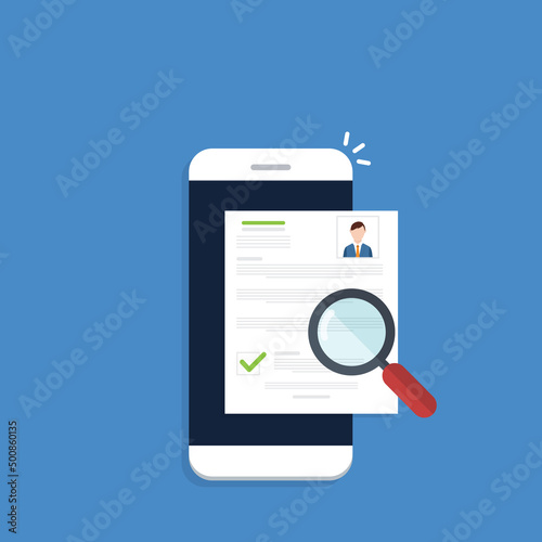 Online resume analysis, use phone and magnifying glass to view recruitment resume, concept of recruitment and human resources