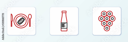 Set line Caviar, Served cucumber on plate and Sauce bottle icon. Vector