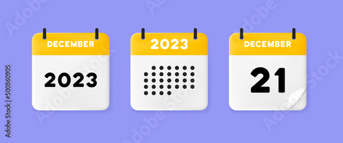 Calendar icon. December. 2023 21 day. Calendar with raised pages. Yellow calendar isolated on purple background. 3D vector illustration.