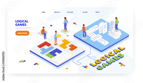 Logical games  landing page design  website banner vector template. Kids playing domino  puzzle. Preschool education.