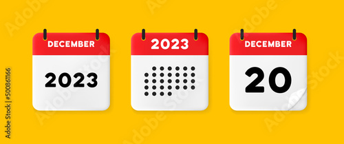 Calendar icon. December. 2023 20 day. The concept of waiting for an important date. Calendar with raised pages. Red calendar isolated on yellow background. 3d vector illustration. photo