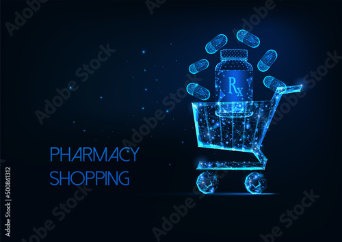 Futuristic pharmacy shopping concept with glowing low poly shopping cart filled with medicine pills